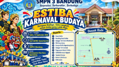 SMPN 3 Bandung Gelar Estiba Karnaval Budaya, Angkat Kearifan Lokal Lewat Jalan Sehat & Kreativitas          BANDUNGKABARNEWS.NET — Semangat melestarikan budaya sekaligus mempererat kebersamaan warga di lingkungan pendidikan ditunjukkan oleh SMP Negeri 3 Bandung. Bertempat di lingkungan sekolah, kegiatan besar bertajuk ESTIBA KARNAVAL BUDAYA resmi digelar pada Sabtu, 12 September 2026.   Mengusung tema “Beragam Budaya, Satu Langkah, untuk Estiba yang Lebih Maju”, kegiatan ini bukan sekadar pesta warga sekolah, melainkan wadah untuk menumbuhkan rasa bangga terhadap warisan leluhur sekaligus memperkuat persatuan di tengah keberagaman. Sesuai semangat sekolah — Berprestasi, Berkarakter, Berbudaya — acara ini diharapkan melahirkan generasi muda yang tidak hanya cerdas secara akademik, tetapi juga memiliki jati diri yang kokoh.   Kegiatan dimulai pukul 06.00 WIB dengan pelaksanaan jalan sehat yang berangkat dari halaman SMPN 3 Bandung dan berakhir di Pemetaan Hias Kaca Nggembong. Rute yang dilewati melintasi pemukiman warga, membawa suasana riang dan penuh warna sepanjang perjalanan.   Kehadiran peserta terbagi dalam sepuluh kelompok yang masing-masing menampilkan keunikan budaya, antara lain:   – Marching Band Estiba ​ – Sanggar Tetra Gatra Mandasari ​ – PK Grup Desa Bulu ​ – Sanggar TeNggo Nggembong Bulu ​ – Sanggar Tetir Larasaji ​ – Paguyuban Alumni Estiba ​ – CENDANA Audio Nggembong ​ – Yameha Elomos ​ – Balon Caffe Bulus ​ – KWB Bulus   Selain berjalan bersama, panitia juga mengajak seluruh peserta untuk menjaga kebersihan, melestarikan tradisi, dan merawat mapan desa sebagai wujud tanggung jawab bersama terhadap lingkungan dan warisan budaya.   Acara ini ditutup pada pukul 11.00 WIB dengan suasana yang hangat, penuh keakraban, dan harapan agar semangat kebersamaan serta cinta budaya terus dijaga oleh seluruh warga sekolah dan masyarakat sekitar.